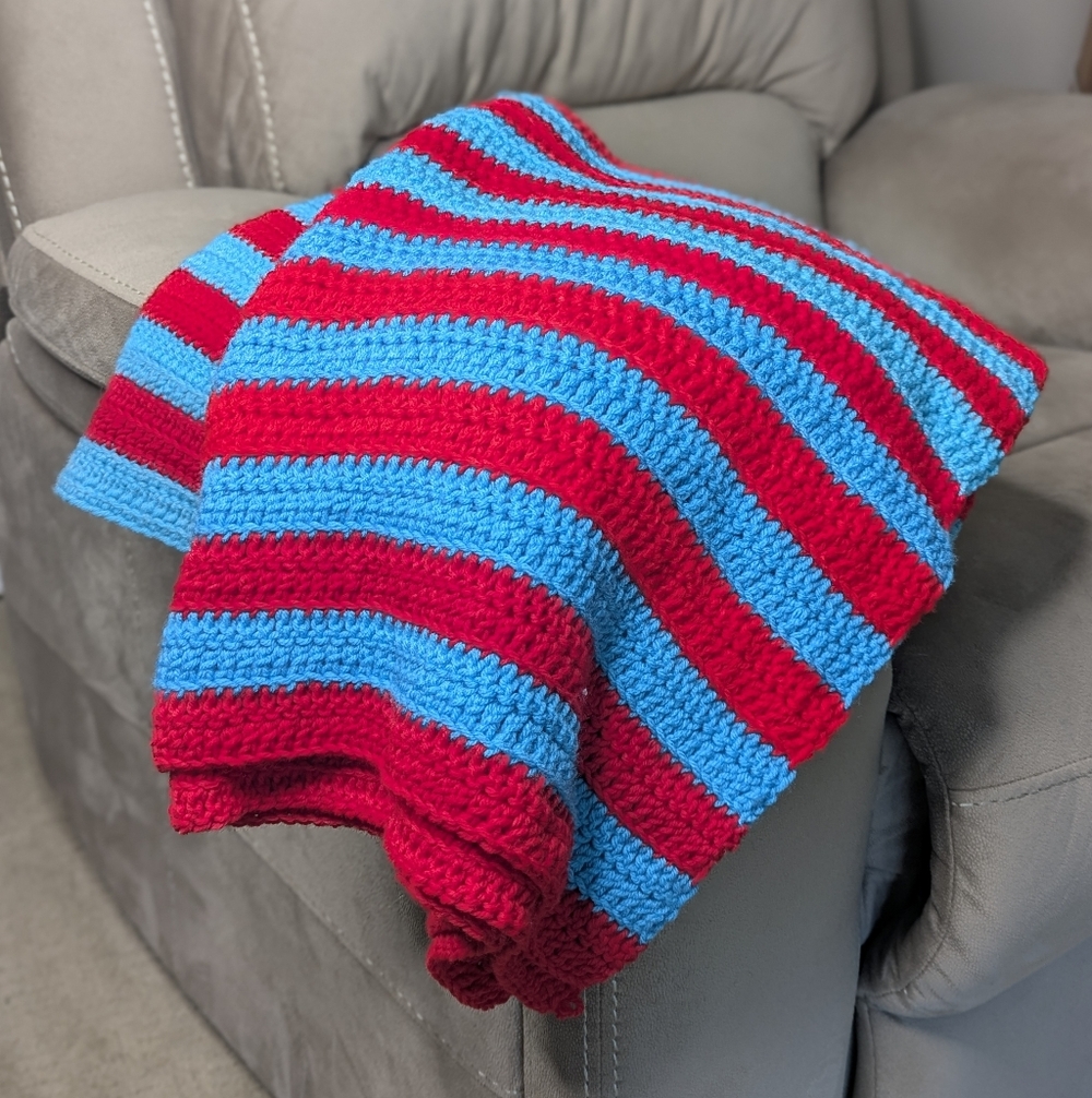Handmade Red and Blue Striped Crochet Throw Blanket